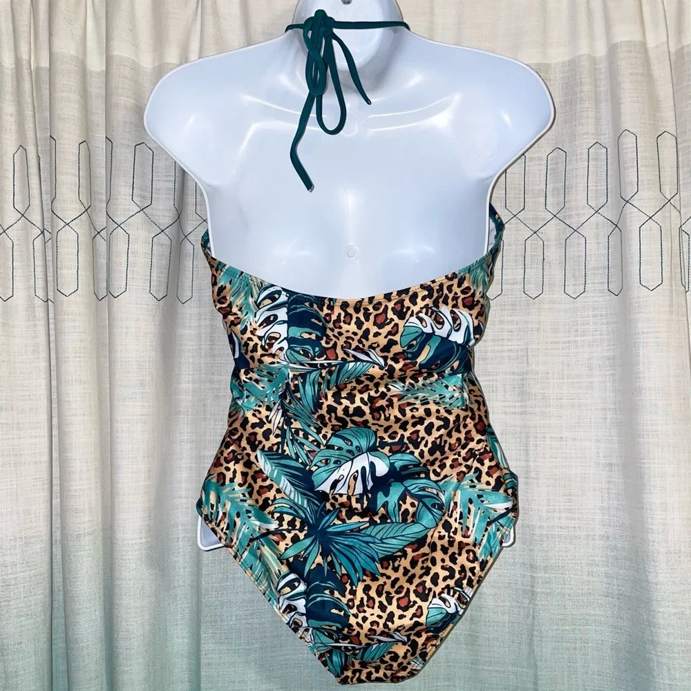 Tropical Leopard Lace Up Halter One Piece Swimsuit (XL) - Picture 7 of 10